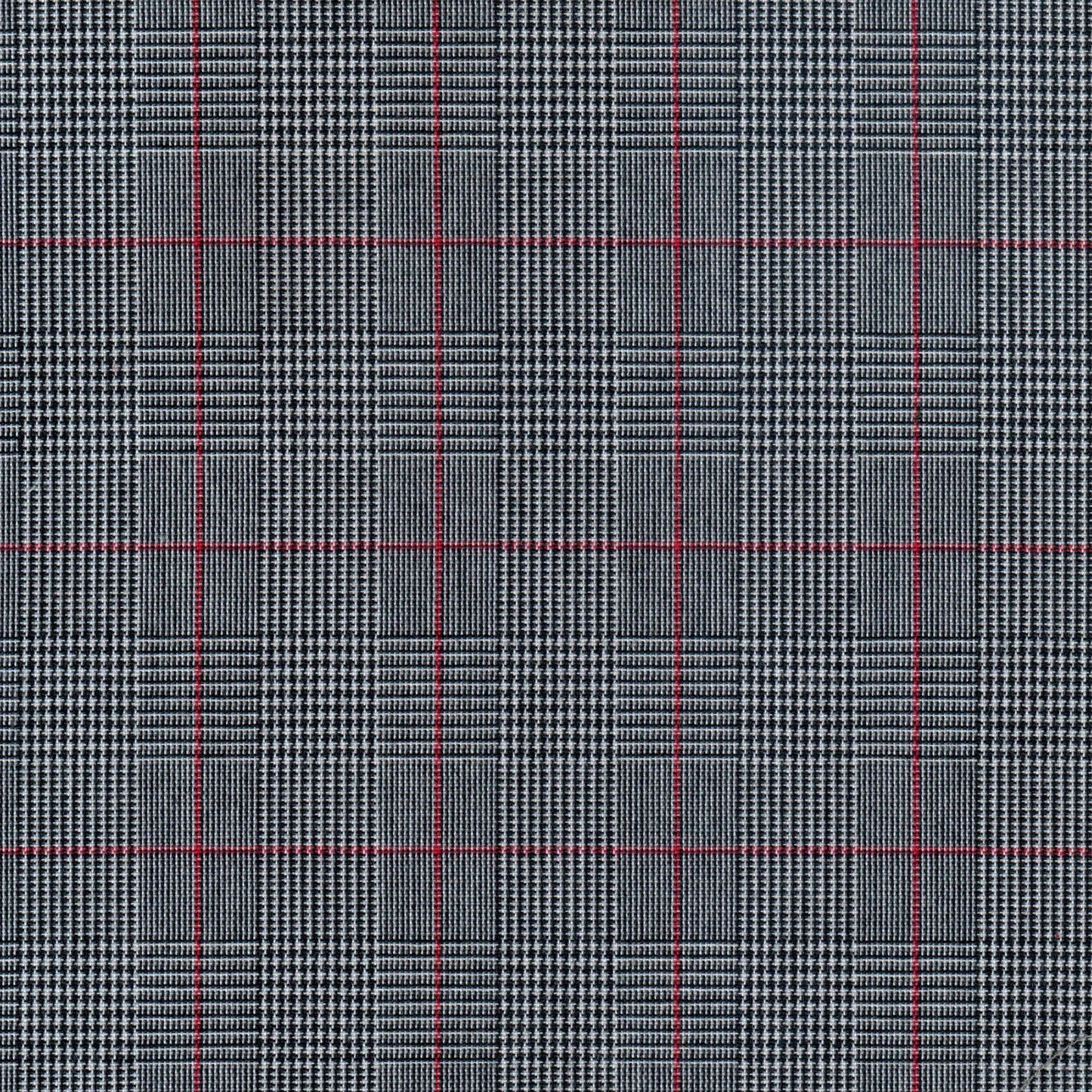 Tela 13002048 Dacron SchoolLine, tela plaid gris/negro con líneas rojas, ideal para uniformes escolares.