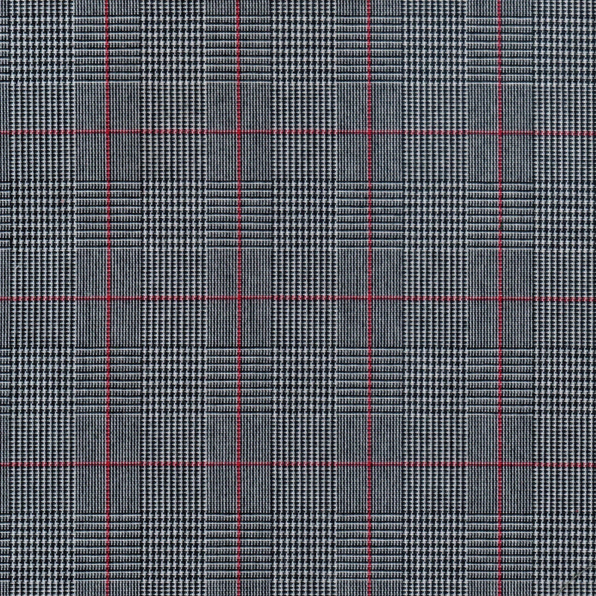 Tela 13002048 Dacron SchoolLine, tela plaid gris/negro con líneas rojas, ideal para uniformes escolares.