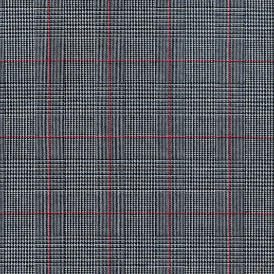Tela 13002048 Dacron SchoolLine, tela plaid gris/negro con líneas rojas, ideal para uniformes escolares.