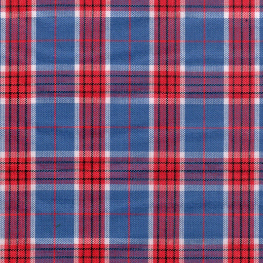 Tela SchoolLine 13002050 Dacron en tartán rojo y azul con líneas blancas; ideal para uniformes escolares e institucionales.