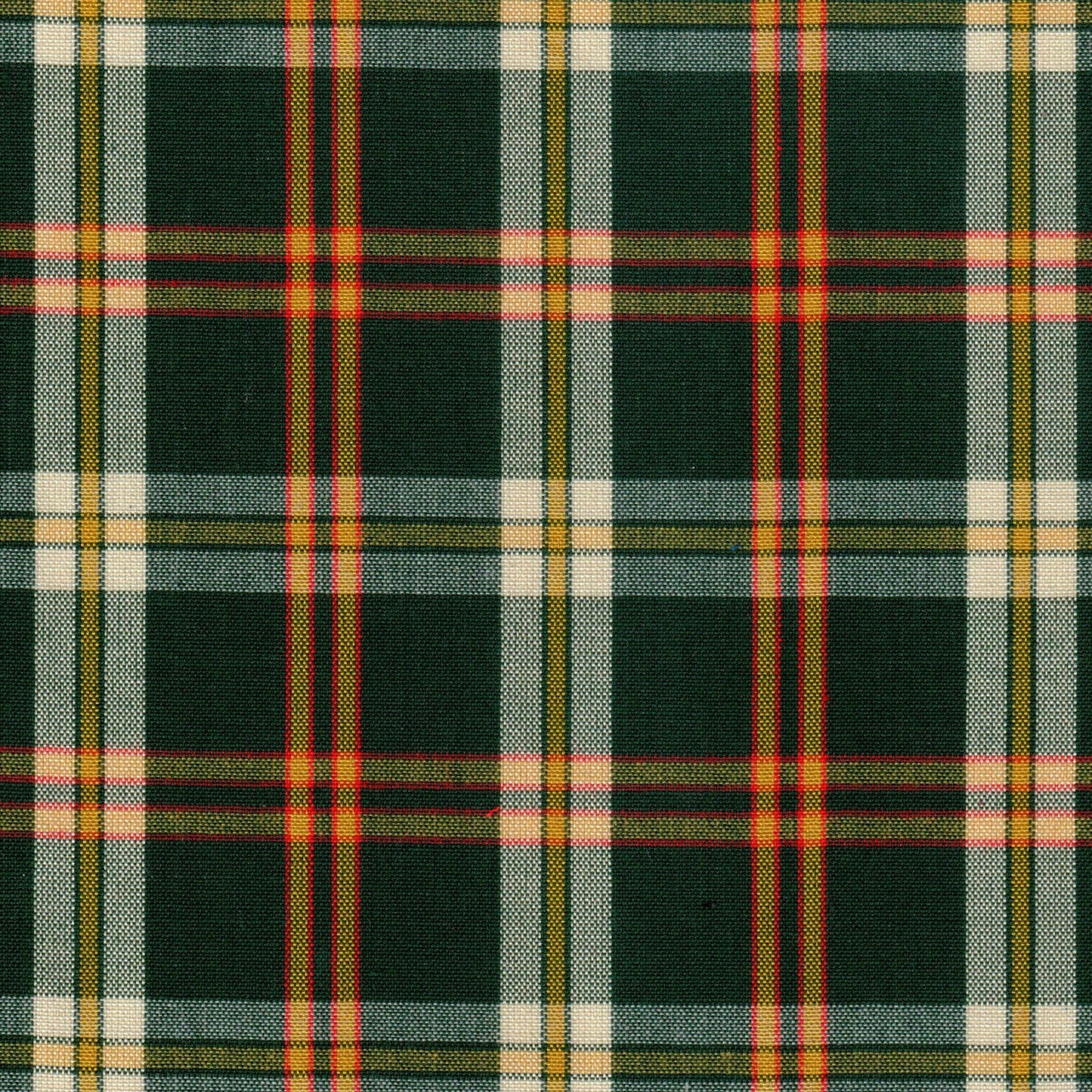 Tela 13002051 Dacron uniforme, SchoolLine; tartán verde oscuro con líneas rojas, amarillas y blancas para uniformes escolares.