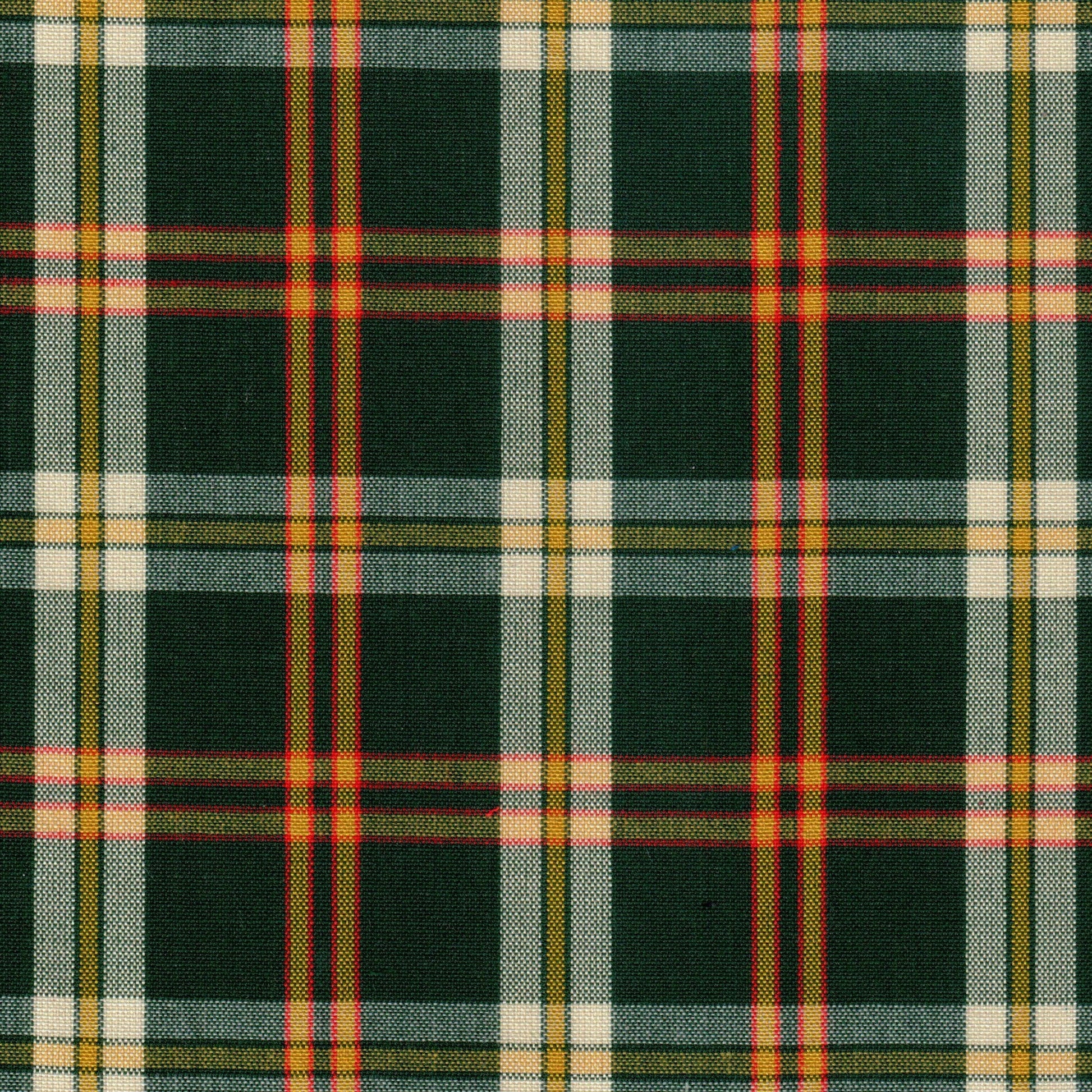 Tela 13002051 Dacron uniforme, SchoolLine; tartán verde oscuro con líneas rojas, amarillas y blancas para uniformes escolares.
