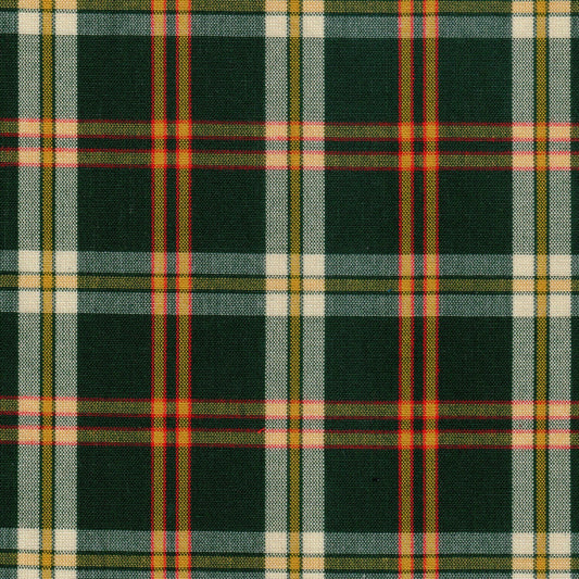 Tela 13002051 Dacron uniforme, SchoolLine; tartán verde oscuro con líneas rojas, amarillas y blancas para uniformes escolares.