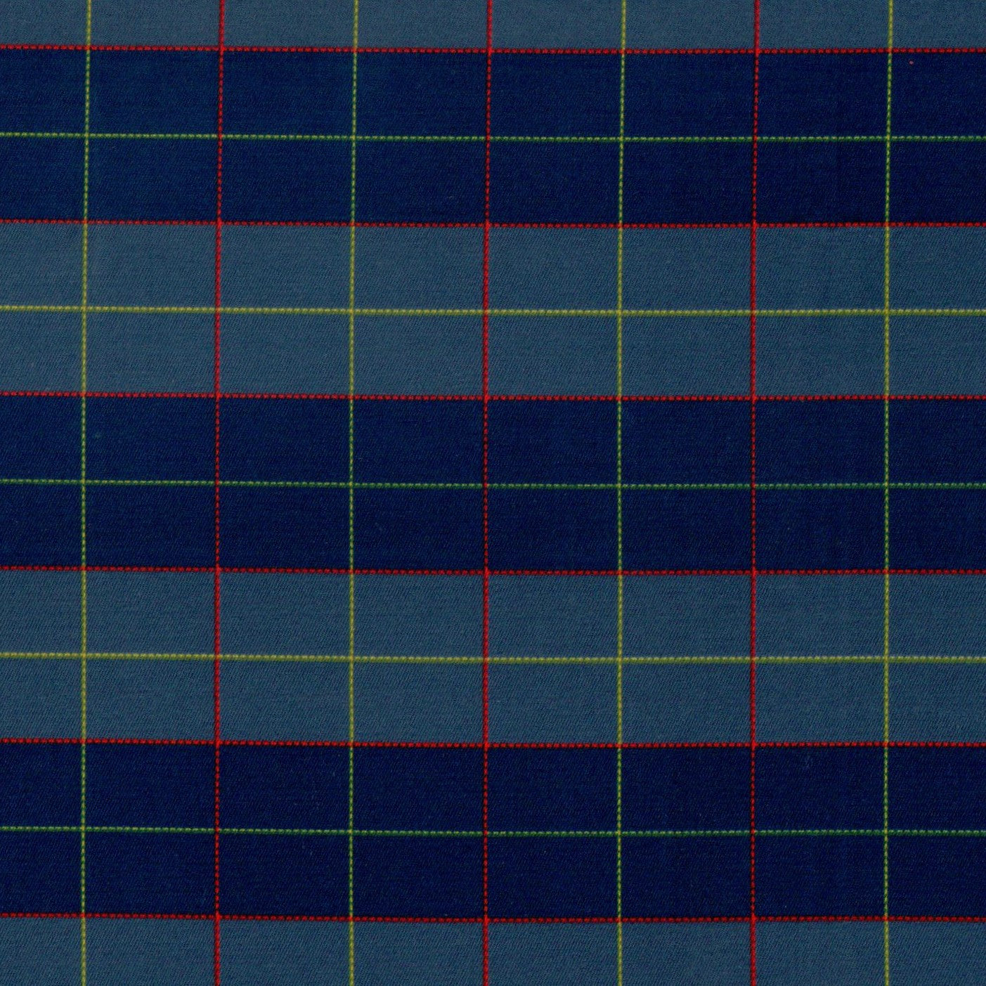 Tela de cuadros azul marino con líneas rojas y amarillas; tela SchoolLine para uniformes escolares e institucionales.