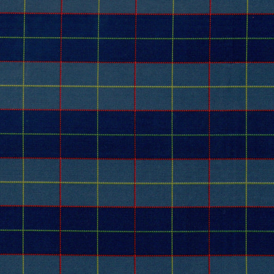 Tela de cuadros azul marino con líneas rojas y amarillas; tela SchoolLine para uniformes escolares e institucionales.