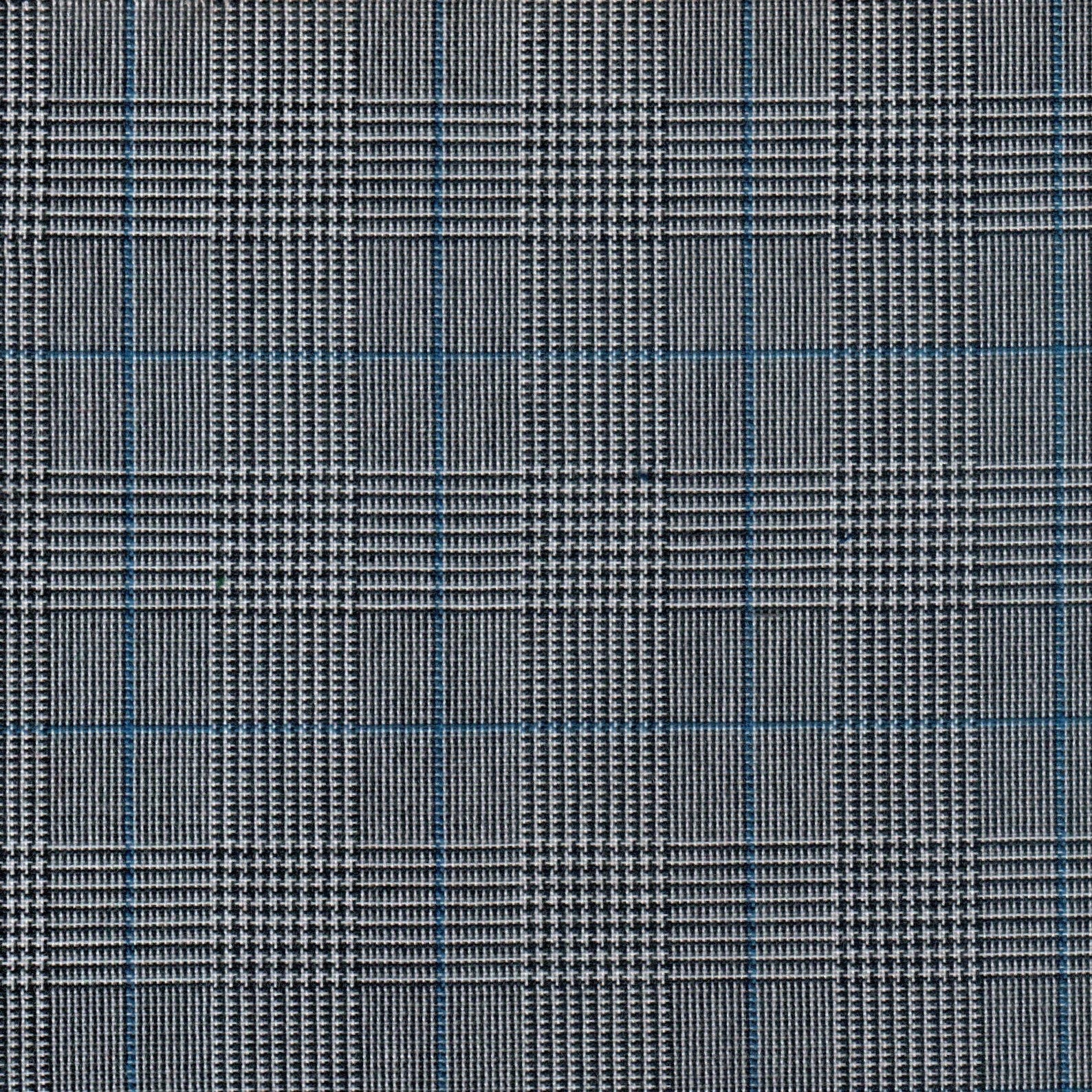 Tela 13002061 Dacron SchoolLine; tela gris a cuadritos con líneas azules, ideal para uniformes escolares e institucionales.