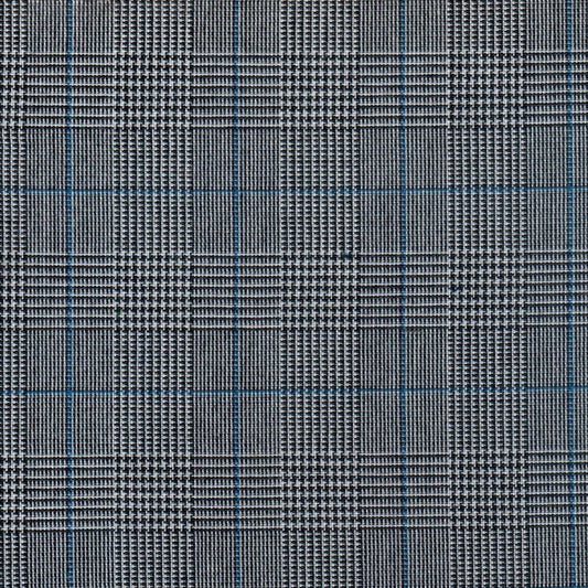 Tela 13002061 Dacron SchoolLine; tela gris a cuadritos con líneas azules, ideal para uniformes escolares e institucionales.