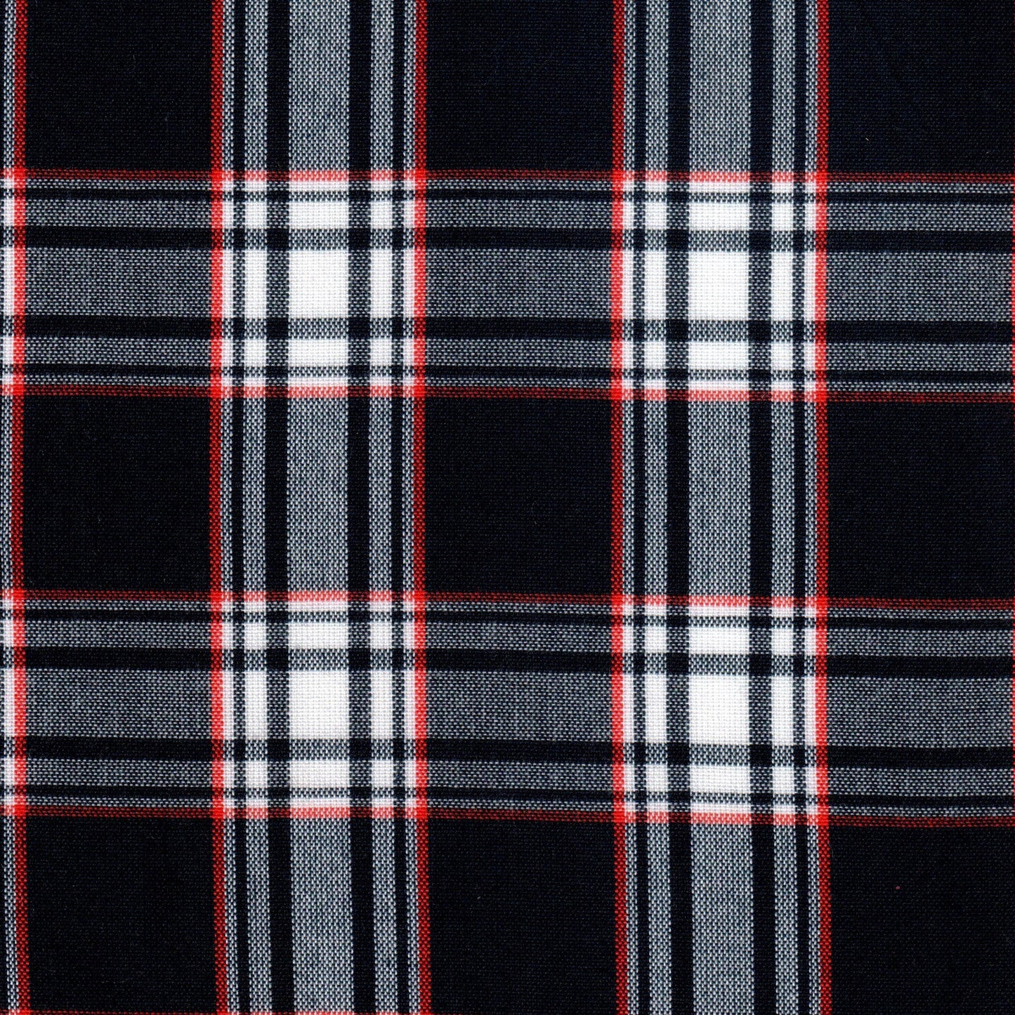 Tela Dacron SchoolLine tartán azul marino con rayas blancas y rojas para uniformes escolares.