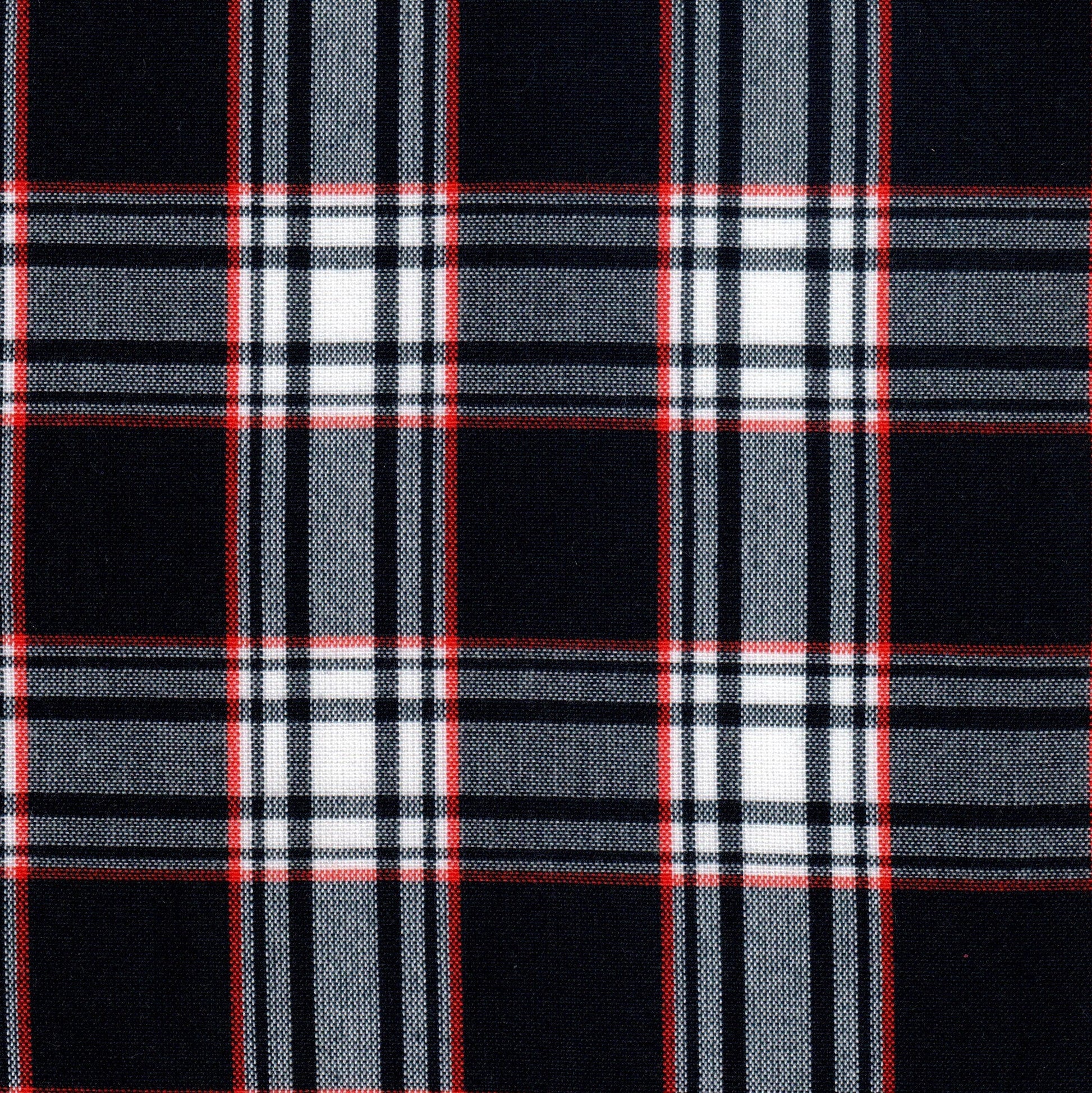 Tela Dacron SchoolLine tartán azul marino con rayas blancas y rojas para uniformes escolares.