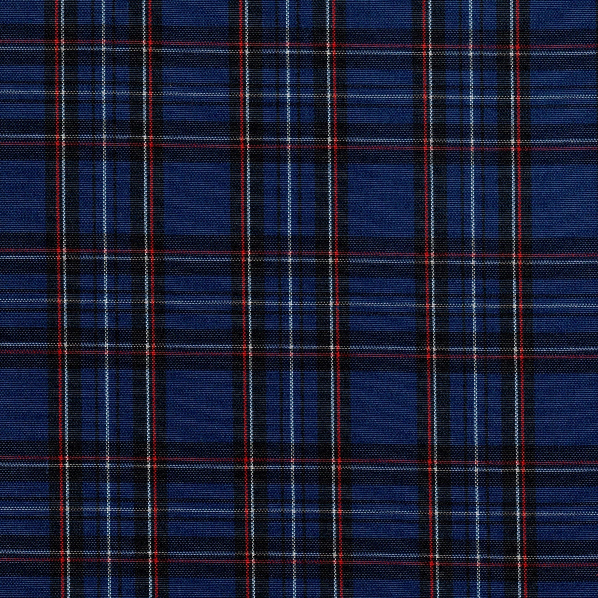 Tela Dacron SchoolLine 13002069 en plaid azul marino con líneas rojas y negras; ideal para uniformes escolares e institucionales.