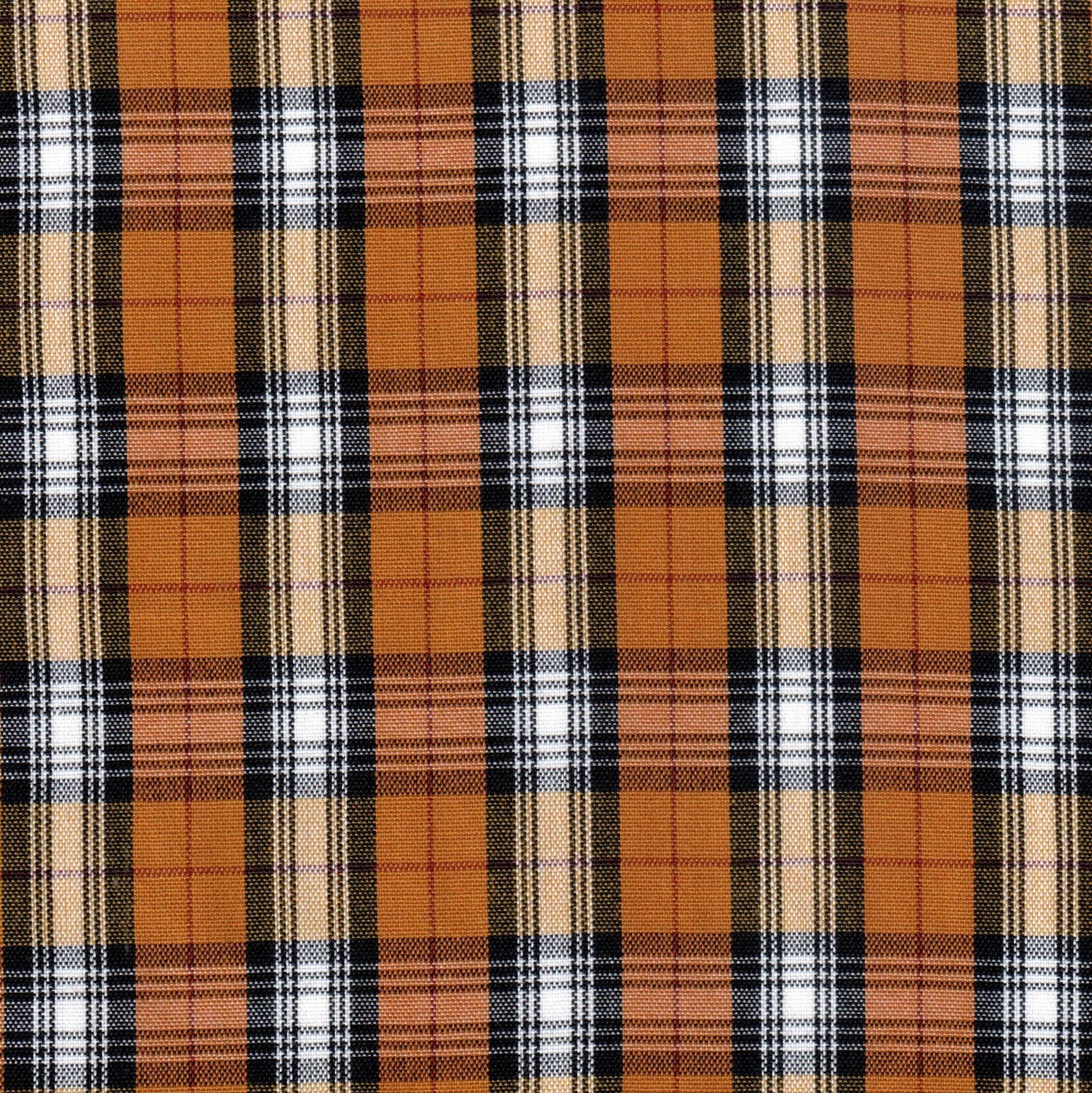 Tela Dacron SchoolLine con patrón tartán naranja/marrón negro; ideal para uniformes escolares e institucionales.