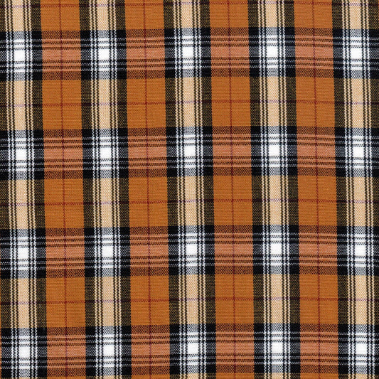 Tela Dacron SchoolLine con patrón tartán naranja/marrón negro; ideal para uniformes escolares e institucionales.