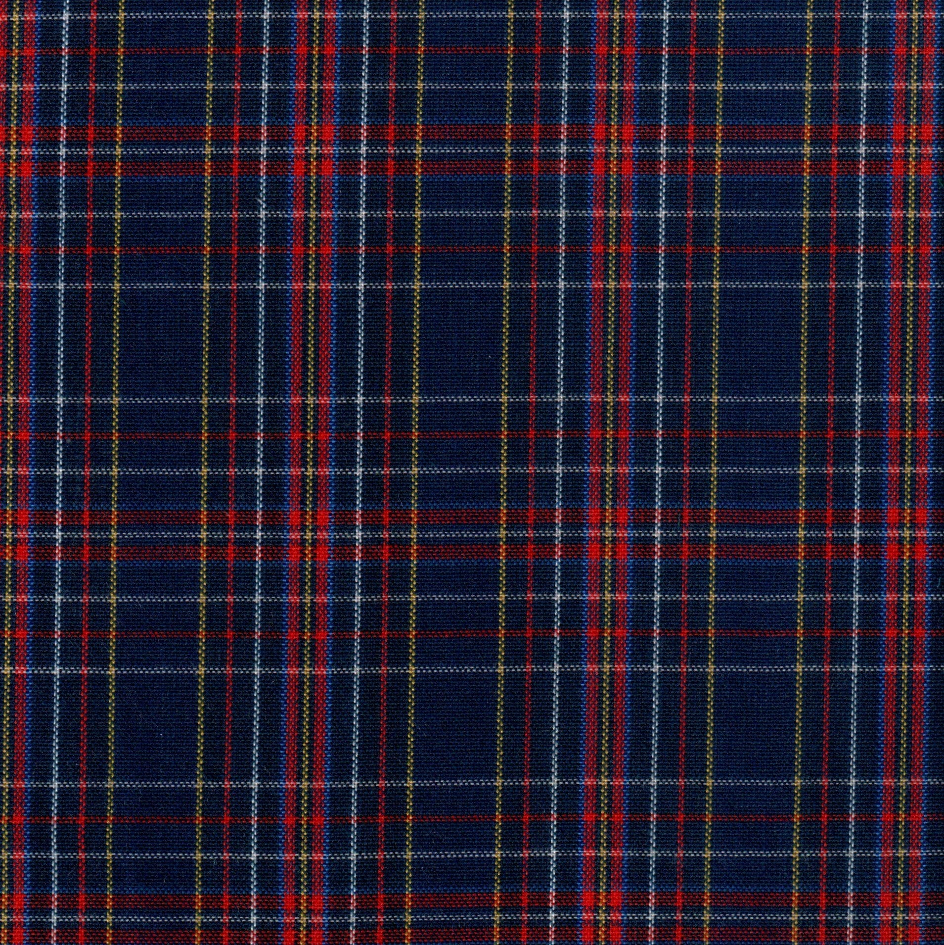 Tela SchoolLine 13002076 Dacron: poliéster cs+ds en tartán azul marino con líneas rojas, blancas y amarillas para uniformes.