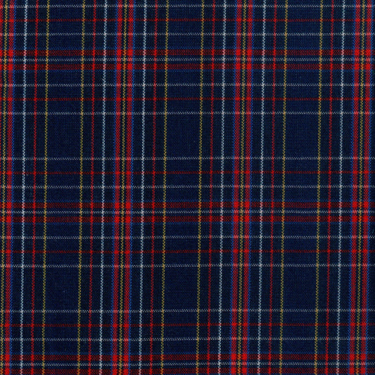 Tela SchoolLine 13002076 Dacron: poliéster cs+ds en tartán azul marino con líneas rojas, blancas y amarillas para uniformes.