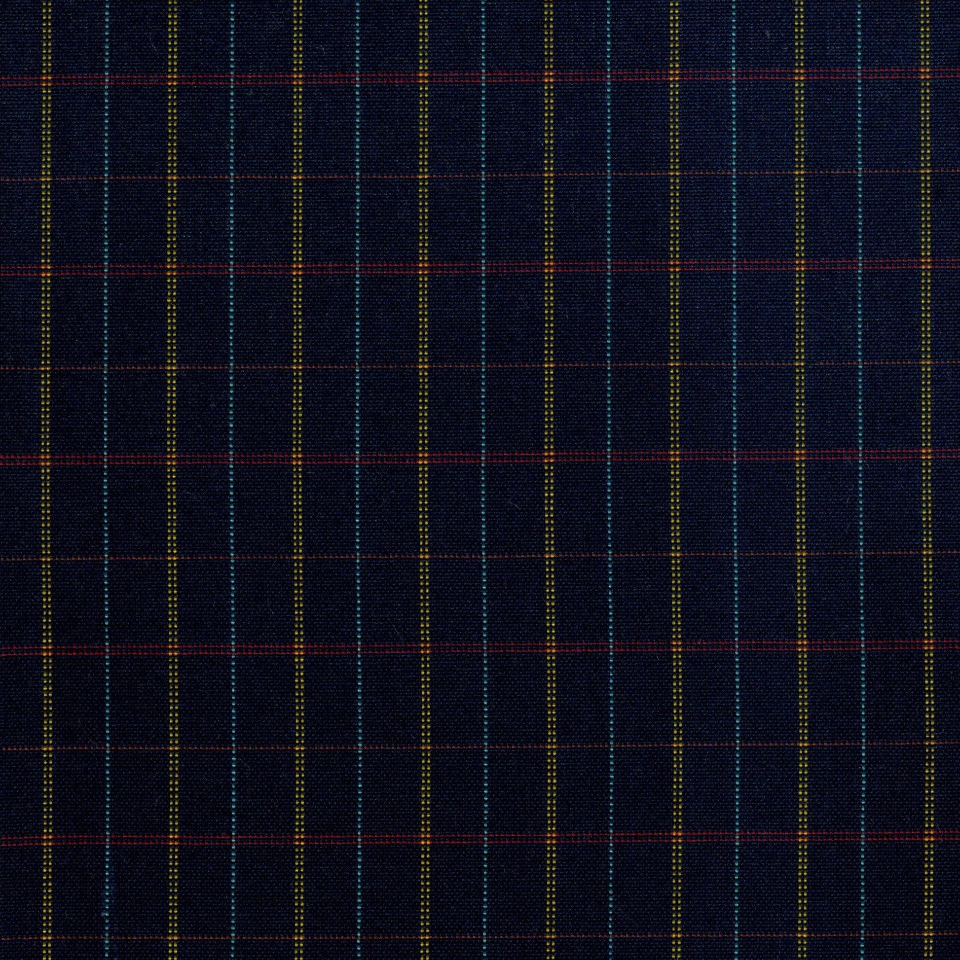 Tela Dacron SchoolLine para uniformes; tejido azul marino con tartán de líneas amarillas, turquesa y roja.