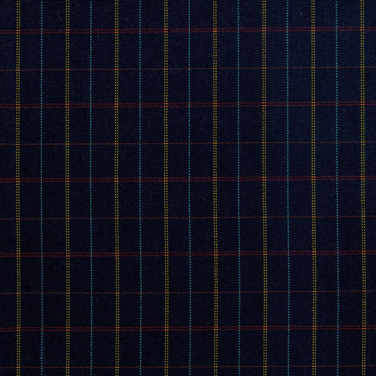 Tela Dacron SchoolLine para uniformes; tejido azul marino con tartán de líneas amarillas, turquesa y roja.