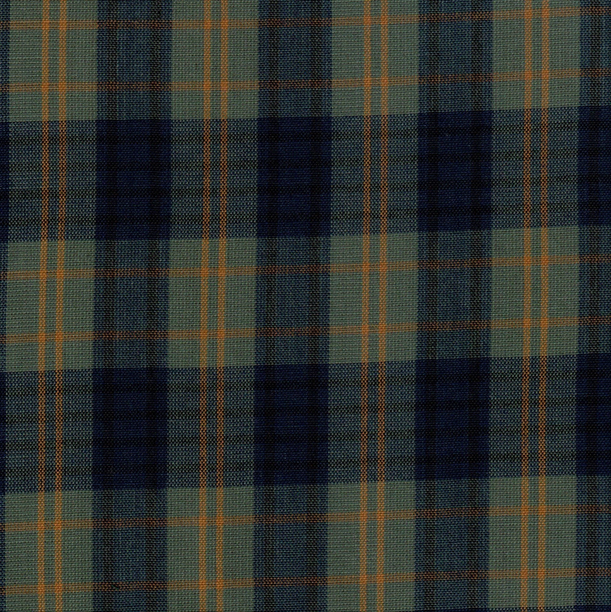 Tela SchoolLine Dacron plaid verde-azul con rayas naranjas; tela para uniformes escolares.