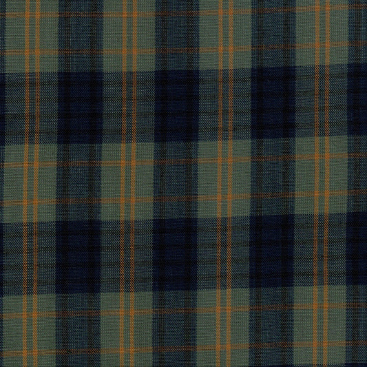 Tela SchoolLine Dacron plaid verde-azul con rayas naranjas; tela para uniformes escolares.