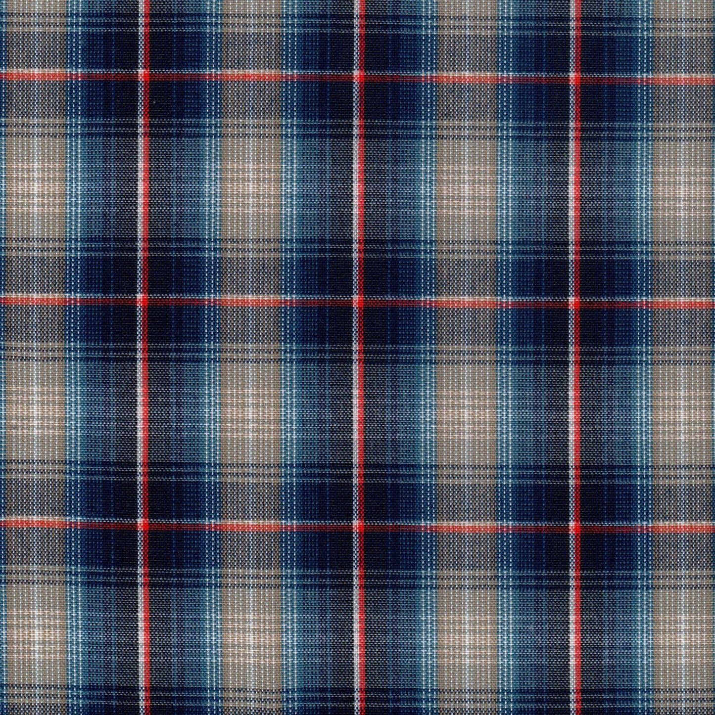 Tela 13002093 Dacron SchoolLine, tartán azul marino/beige con líneas rojas, ideal para uniformes escolares e institucionales.