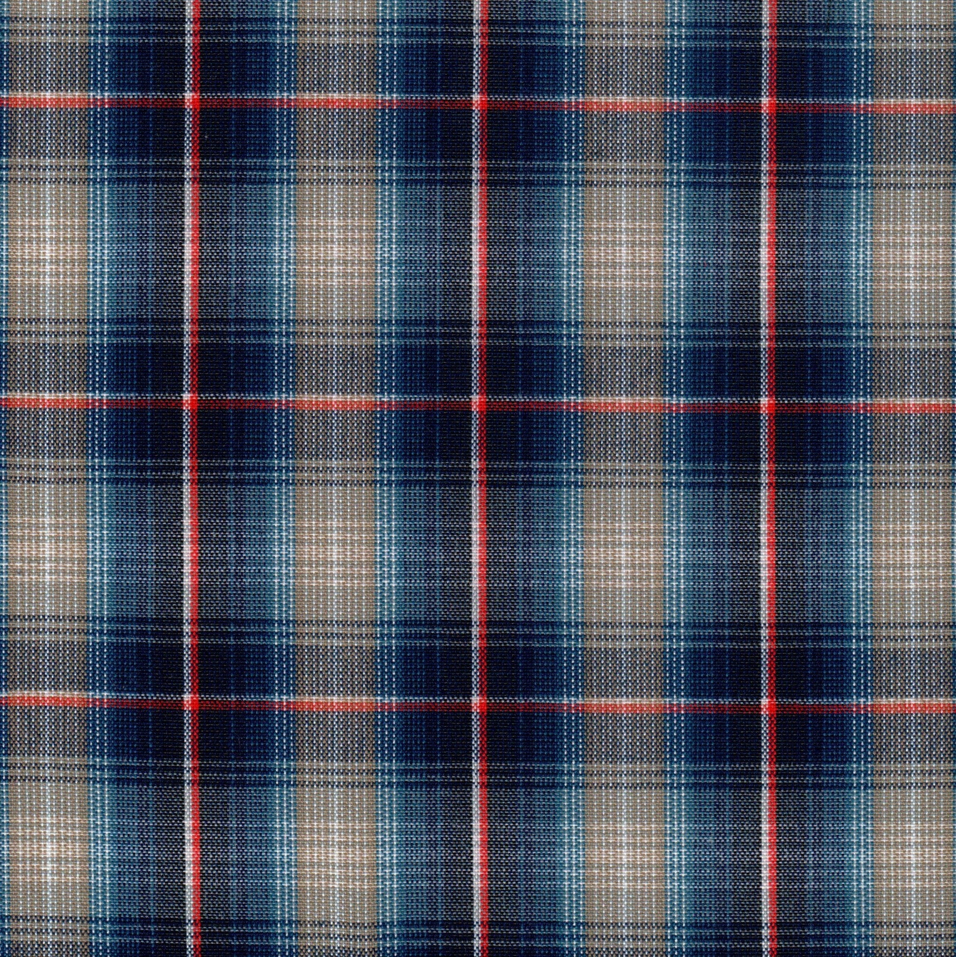 Tela 13002093 Dacron SchoolLine, tartán azul marino/beige con líneas rojas, ideal para uniformes escolares e institucionales.