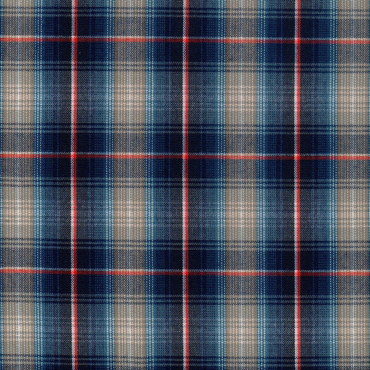Tela 13002093 Dacron SchoolLine, tartán azul marino/beige con líneas rojas, ideal para uniformes escolares e institucionales.