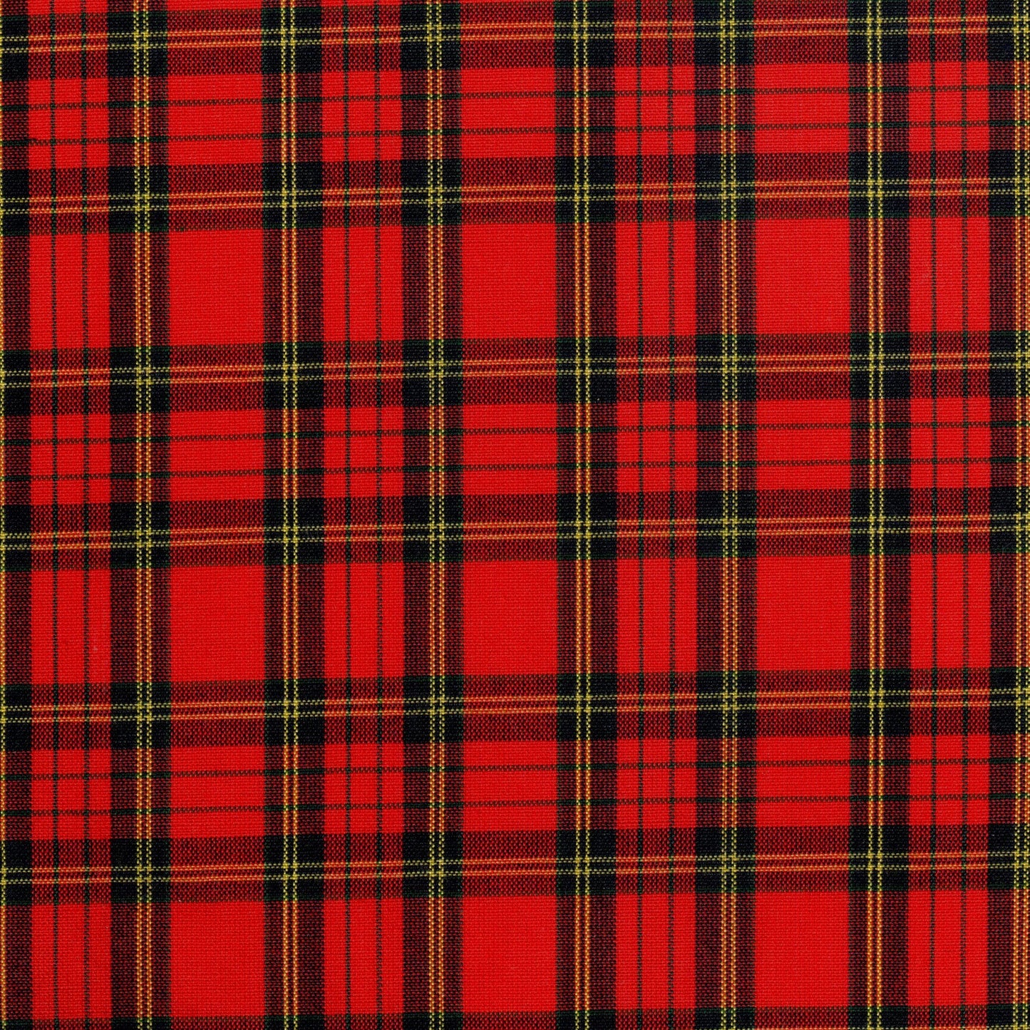 Tela 13002095 Dacron SchoolLine, tejido tartán rojo y negro con líneas amarillas; ideal para uniformes escolares e institucionales.