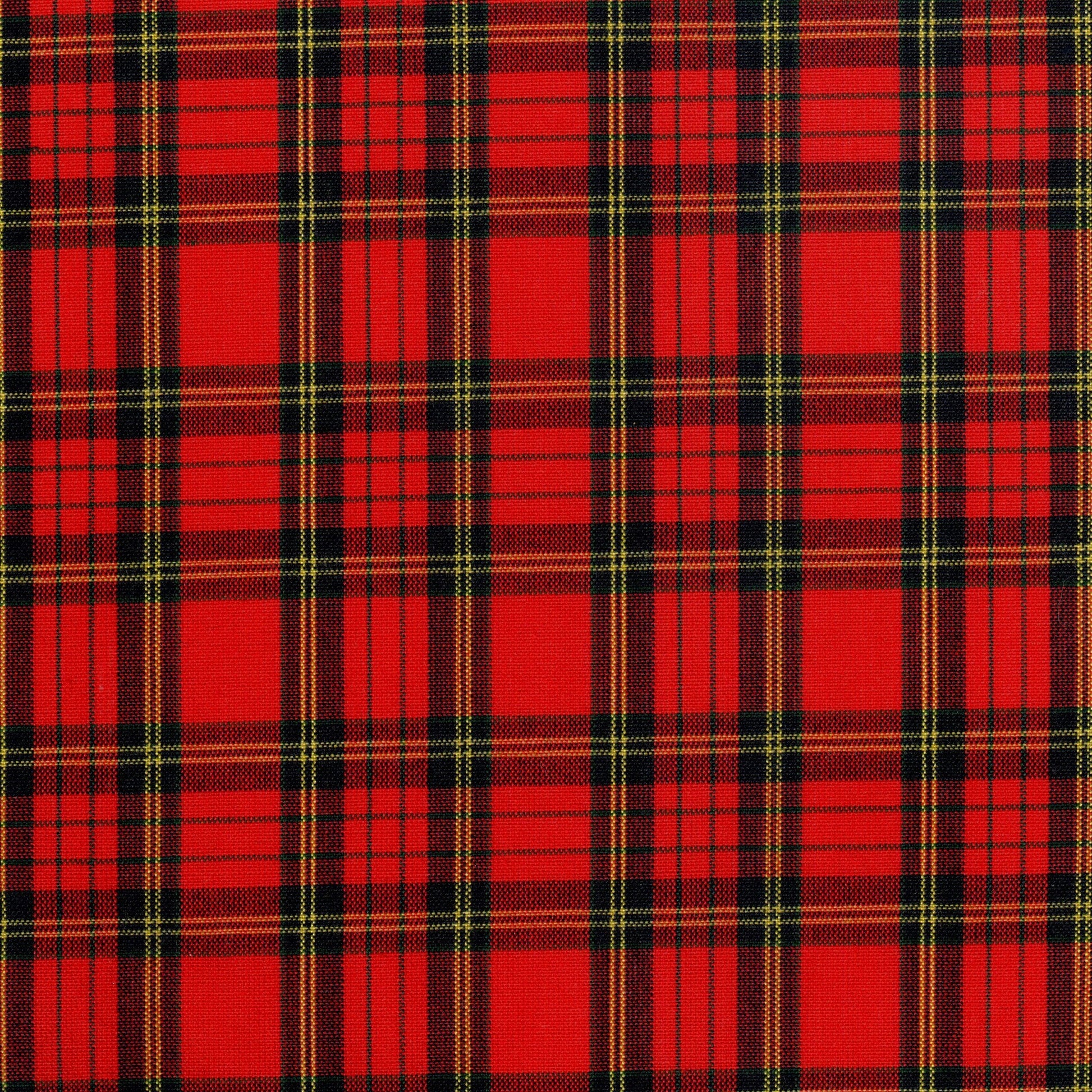 Tela 13002095 Dacron SchoolLine, tejido tartán rojo y negro con líneas amarillas; ideal para uniformes escolares e institucionales.
