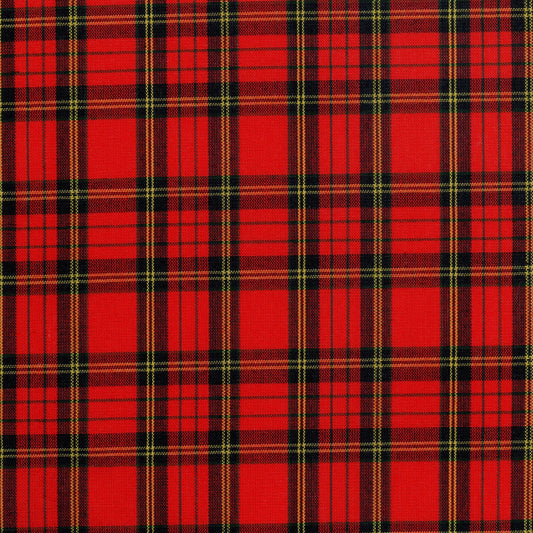 Tela 13002095 Dacron SchoolLine, tejido tartán rojo y negro con líneas amarillas; ideal para uniformes escolares e institucionales.