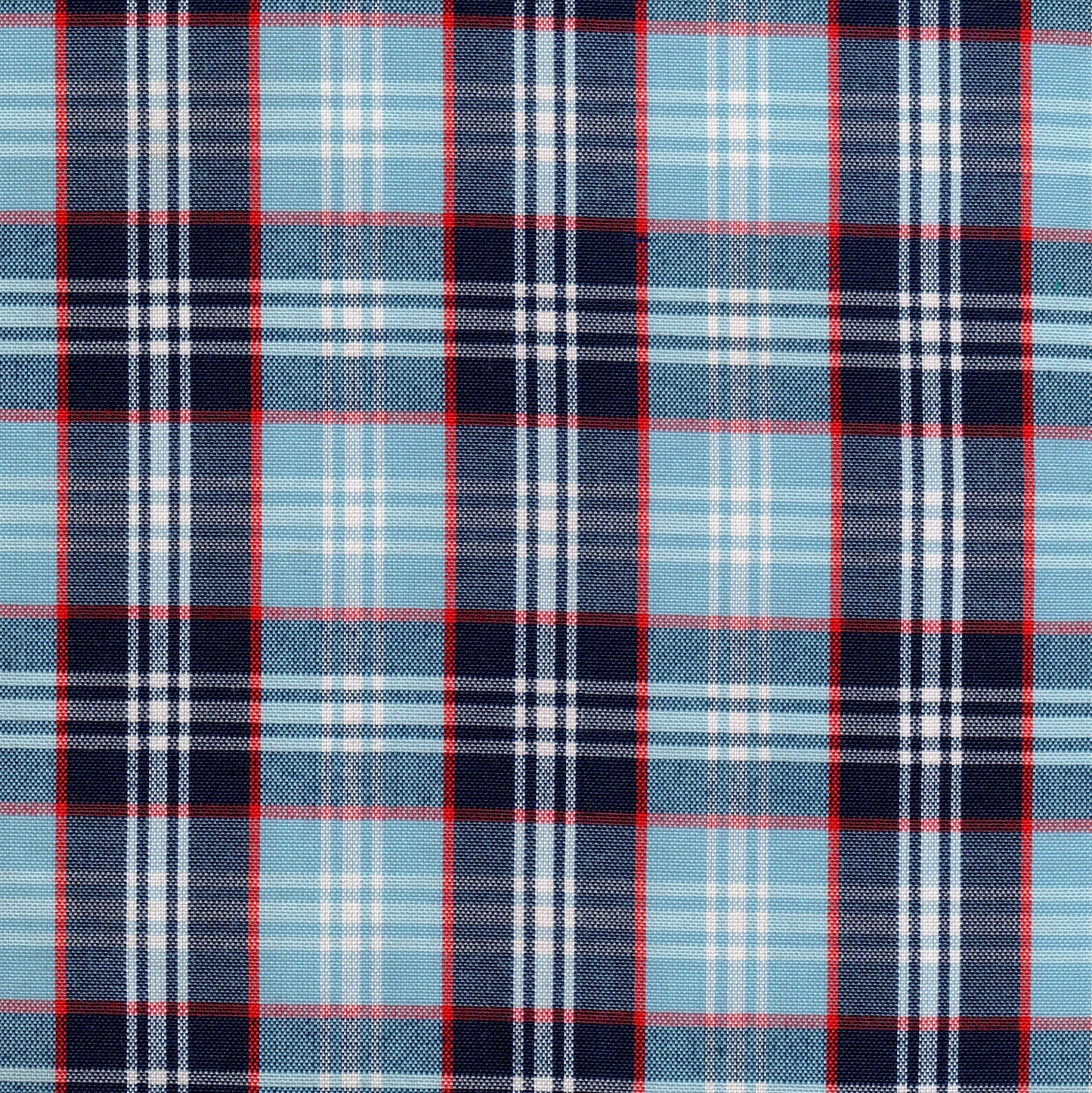 Tela 13002100 Dacron uniforme SchoolLine: tela a cuadros azul claro/navy/rojo con líneas blancas, ideal para uniformes escolares.