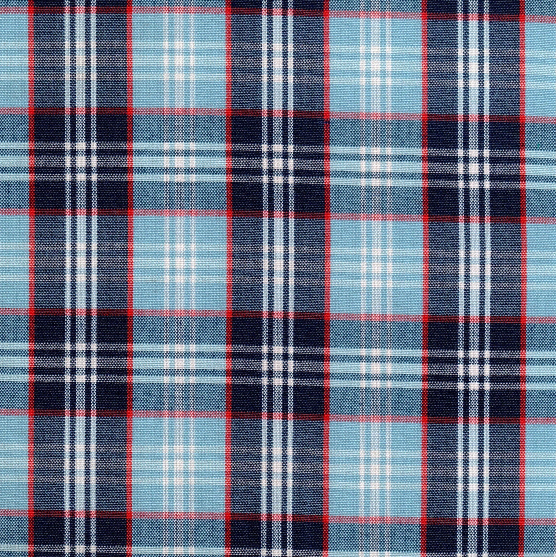Tela 13002100 Dacron uniforme SchoolLine: tela a cuadros azul claro/navy/rojo con líneas blancas, ideal para uniformes escolares.
