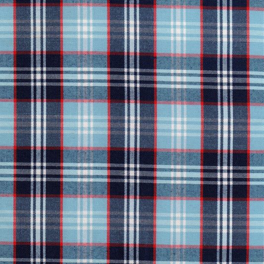 Tela 13002100 Dacron uniforme SchoolLine: tela a cuadros azul claro/navy/rojo con líneas blancas, ideal para uniformes escolares.