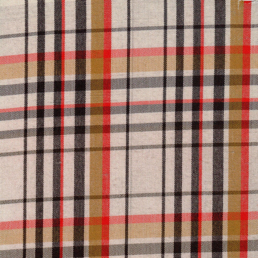 Tela 13002109 Dacron SchoolLine: poliéster a cuadros beige, negro, rojo y marrón, ideal para uniformes escolares e institucionales.