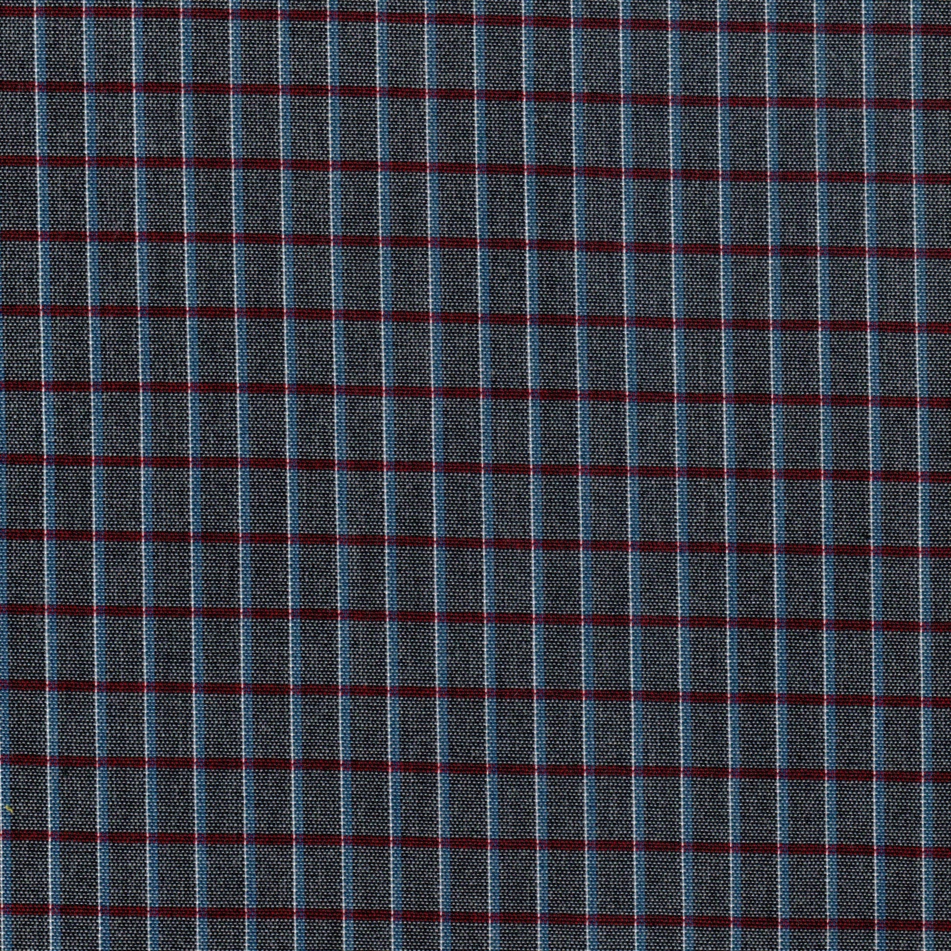 Tela Dacron azul marino con cuadritos azul claro y líneas rojas finas; ideal para uniformes escolares, SchoolLine.