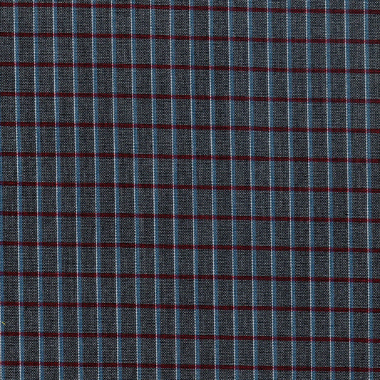 Tela Dacron azul marino con cuadritos azul claro y líneas rojas finas; ideal para uniformes escolares, SchoolLine.