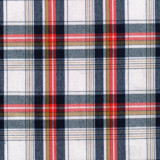 Tela SchoolLine: tela a cuadros tartán en azul marino, blanco, rojo y beige; ideal para uniformes escolares e institucionales.