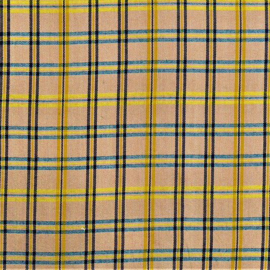 Tela 13002126 Dacron uniforme SchoolLine; poliéster, estampado a cuadros beige con rayas amarillas, azules y negras.