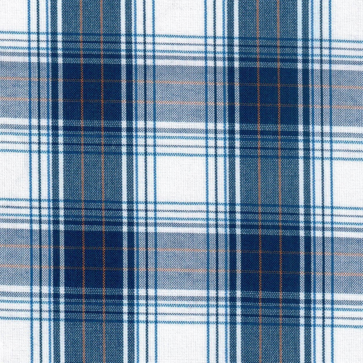 Tela Dacron 13002129 SchoolLine: tela azul y blanca con líneas naranja en plaid, ideal para uniformes escolares e institucionales.