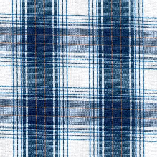 Tela Dacron 13002129 SchoolLine: tela azul y blanca con líneas naranja en plaid, ideal para uniformes escolares e institucionales.