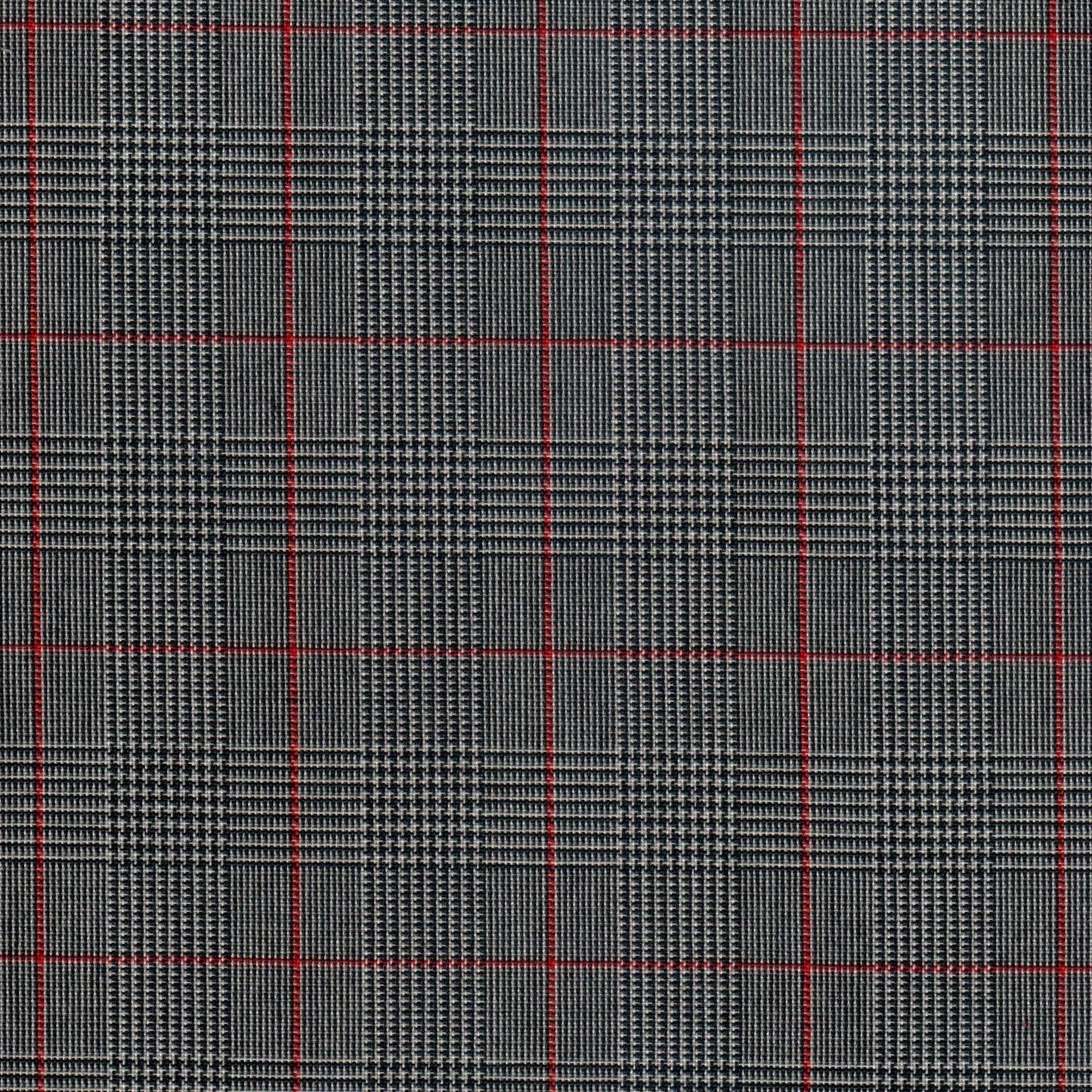 Tela SchoolLine 13002132 Dacron; tela gris a cuadros con líneas rojas, ideal para uniformes escolares e institucionales.