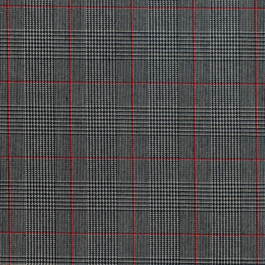 Tela SchoolLine 13002132 Dacron; tela gris a cuadros con líneas rojas, ideal para uniformes escolares e institucionales.