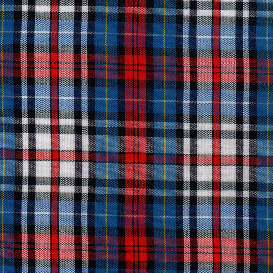 Tela Dacron SchoolLine azul, rojo y blanco a cuadros tartán; ideal para uniformes escolares e institucionales.