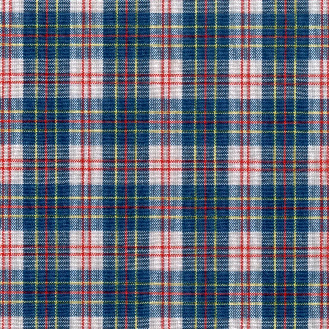 Tela SchoolLine Dacron tartán azul, rojo y blanco con líneas amarillas; ideal para uniformes escolares e institucionales.