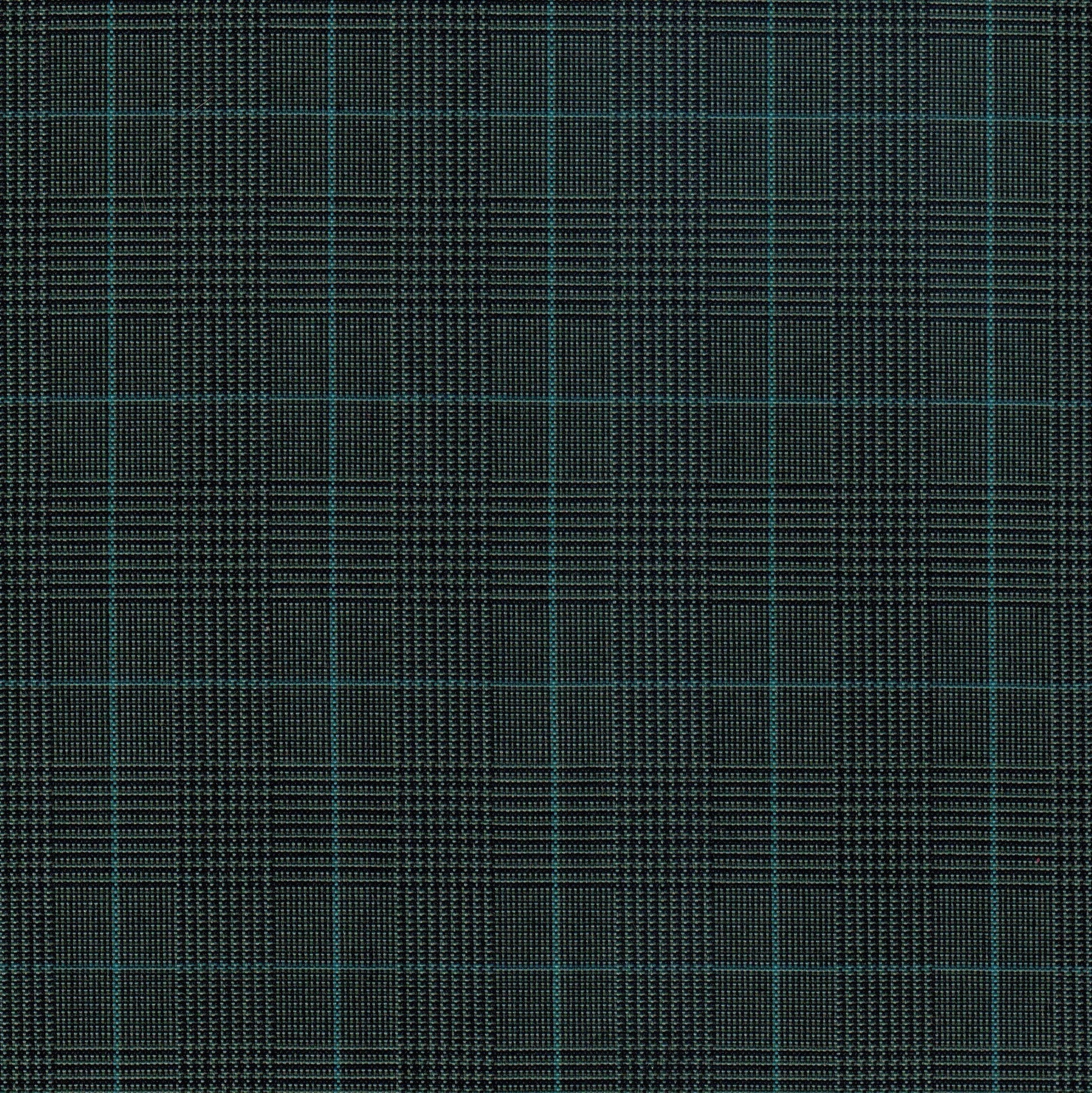 Tela Dacron SchoolLine 13002143, poliéster con diseño plaid negro y líneas teal, ideal para uniformes escolares e institucionales.