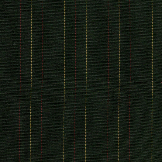 Tela 13002144 Dacron SchoolLine para uniformes; tela oscura con rayas verticales rojas y doradas.