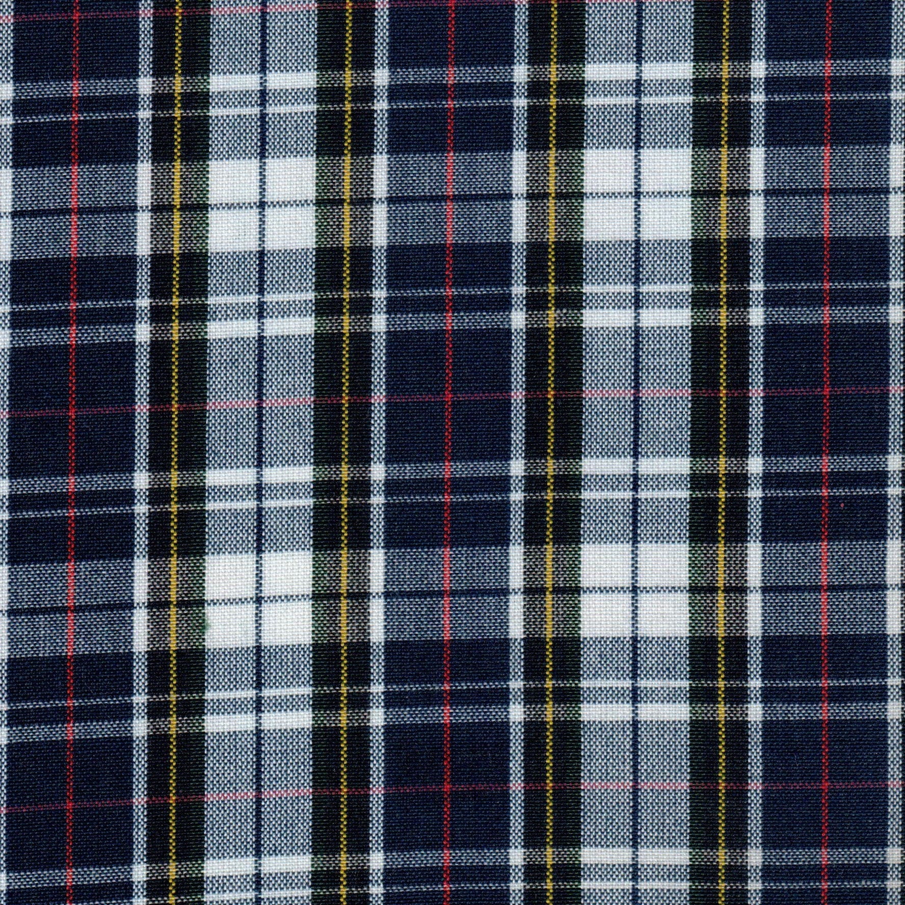 Tela SchoolLine Dacron en tartán azul marino con rayas blancas, rojas y amarillas, ideal para uniformes escolares e institucionales