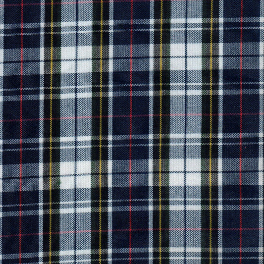 Tela SchoolLine Dacron en tartán azul marino con rayas blancas, rojas y amarillas, ideal para uniformes escolares e institucionales