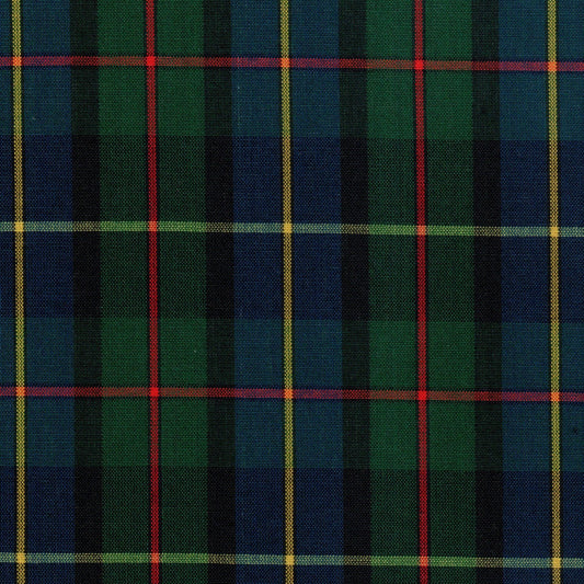 Tela SchoolLine 13002149 Dacron de cuadros azul, verde y rojo con líneas amarillas; ideal para uniformes escolares.