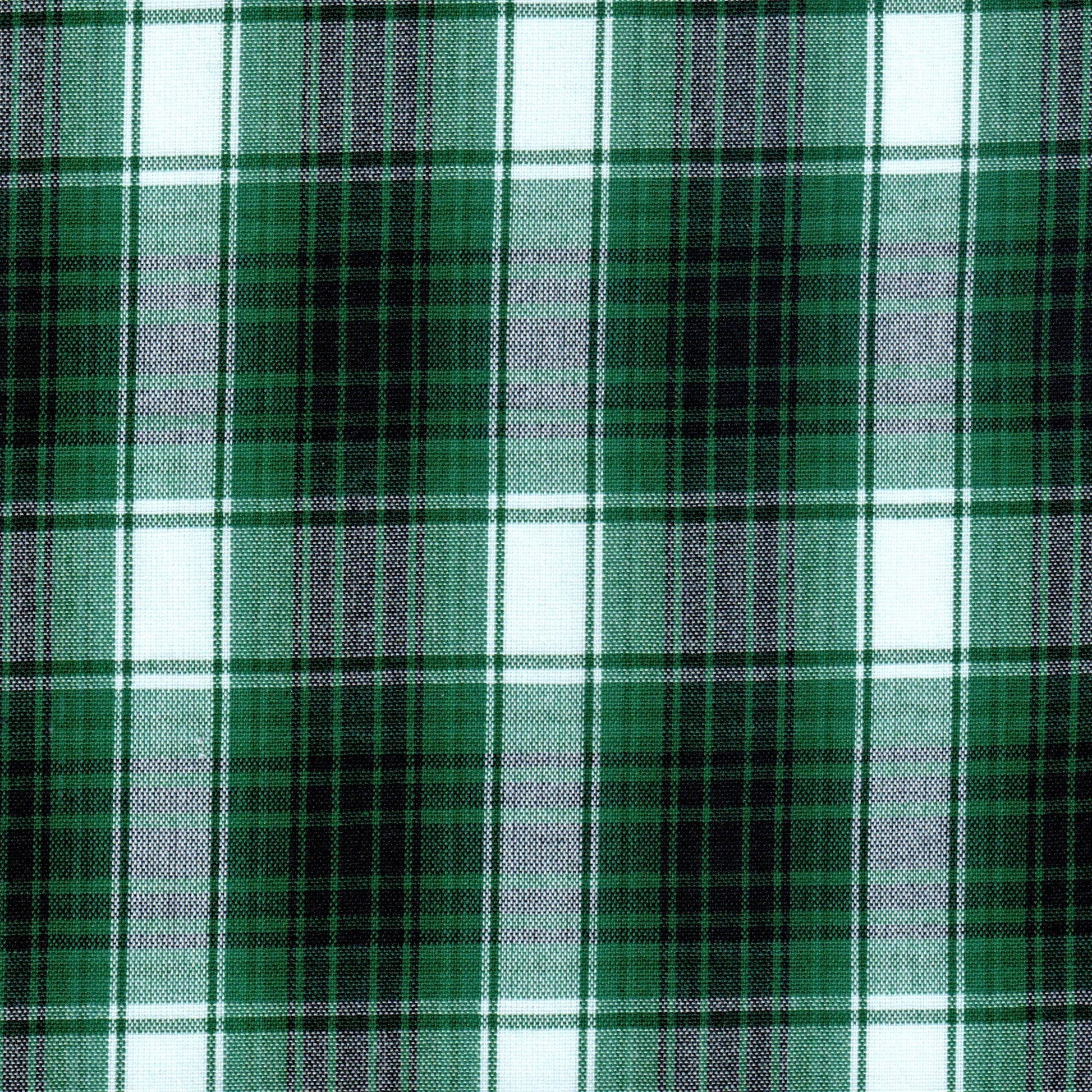 Tela de uniforme Dacron 13002150 SchoolLine en verde, negro y blanco; tela tartán para uniformes escolares.
