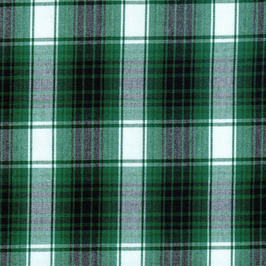 Tela de uniforme Dacron 13002150 SchoolLine en verde, negro y blanco; tela tartán para uniformes escolares.