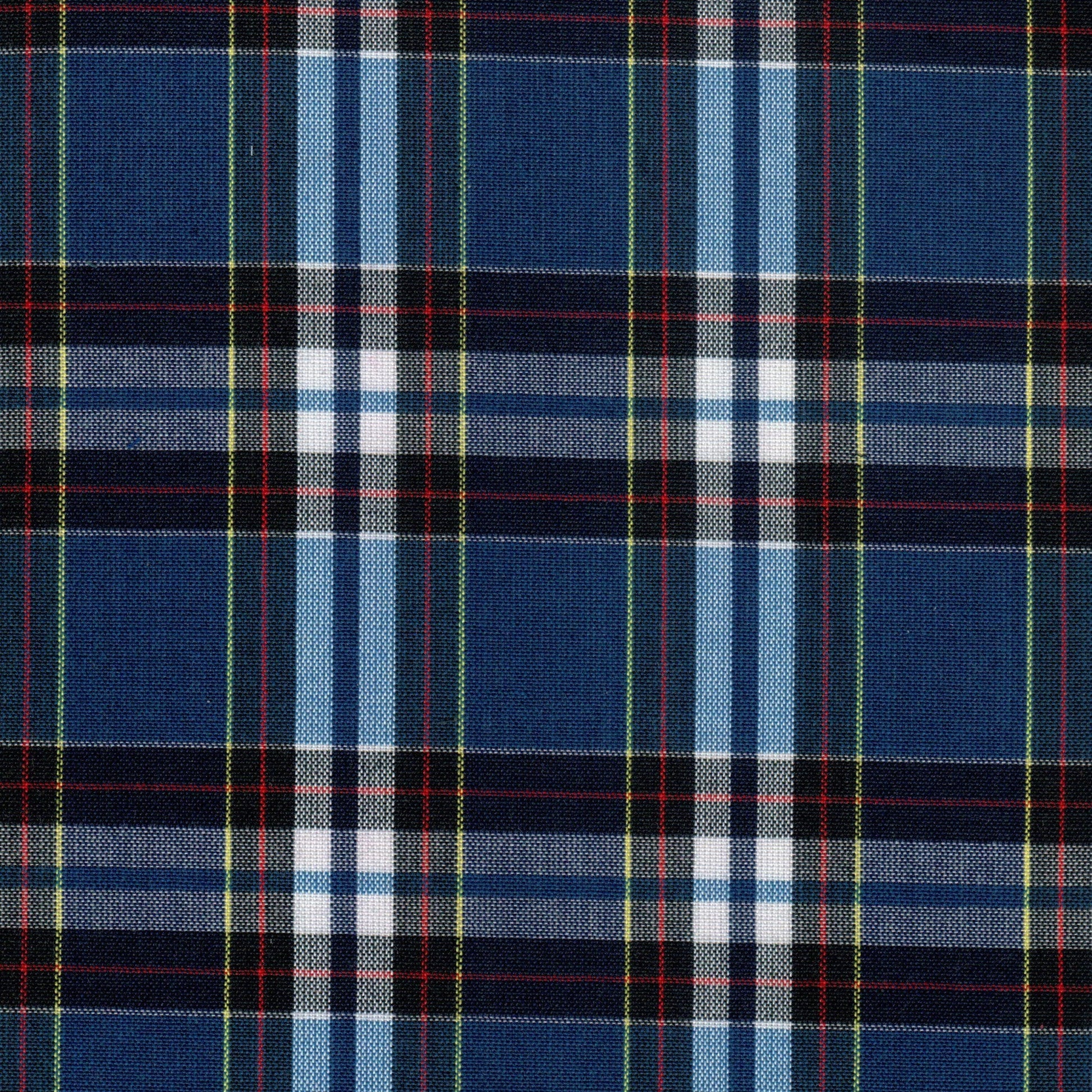 Tela Dacron SchoolLine en tejido a cuadros azul marino, blanco y rojo, ideal para uniformes escolares e institucionales.